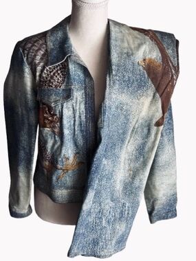 Wow!!! Eagle Feathers Y2K Vintage 2-Pc Jeans Jacket Set Medium Bird Boho Cotton